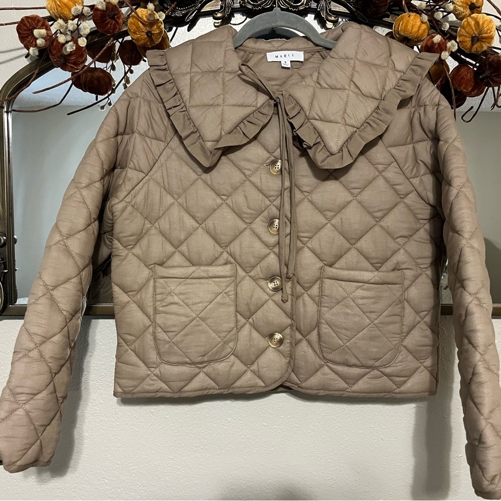 Ganni Quilted Tan Puffer Jacket with Ruffle Collar